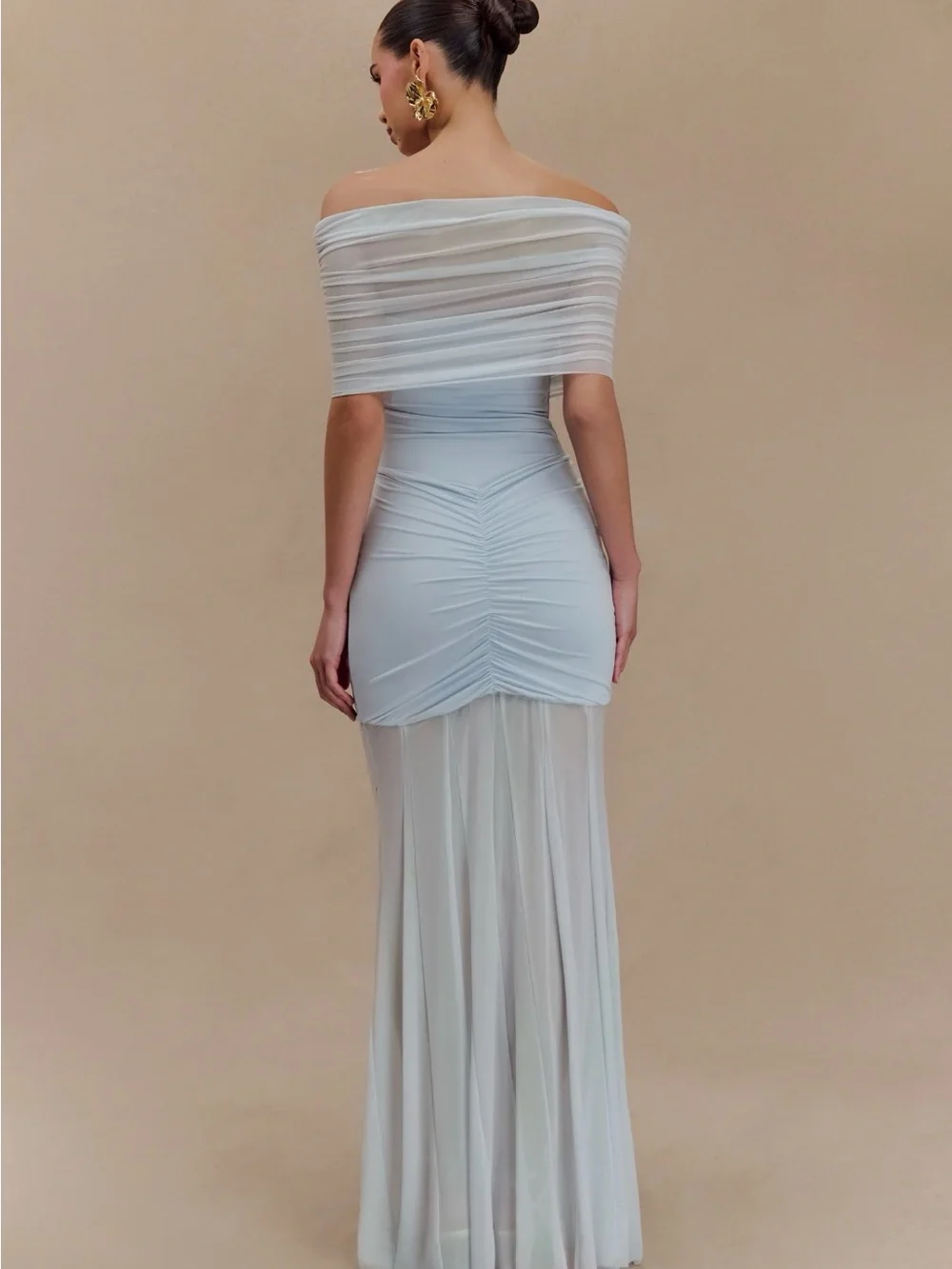 Meshki Off-Shoulder Pale Blue Ruched Mesh Gown - Picture 2 of 6